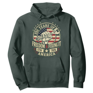 USA 250th Anniversary Patriotic Mechanic Hoodie Freedom And Fixing It TS12 Dark Forest Green Print Your Wear