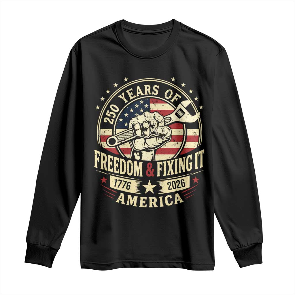 USA 250th Anniversary Patriotic Mechanic Long Sleeve Shirt Freedom And Fixing It TS12 Black Print Your Wear