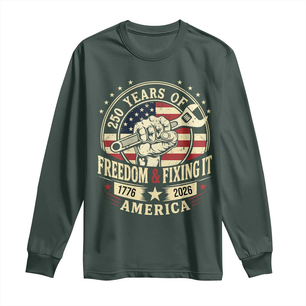 USA 250th Anniversary Patriotic Mechanic Long Sleeve Shirt Freedom And Fixing It TS12 Dark Forest Green Print Your Wear