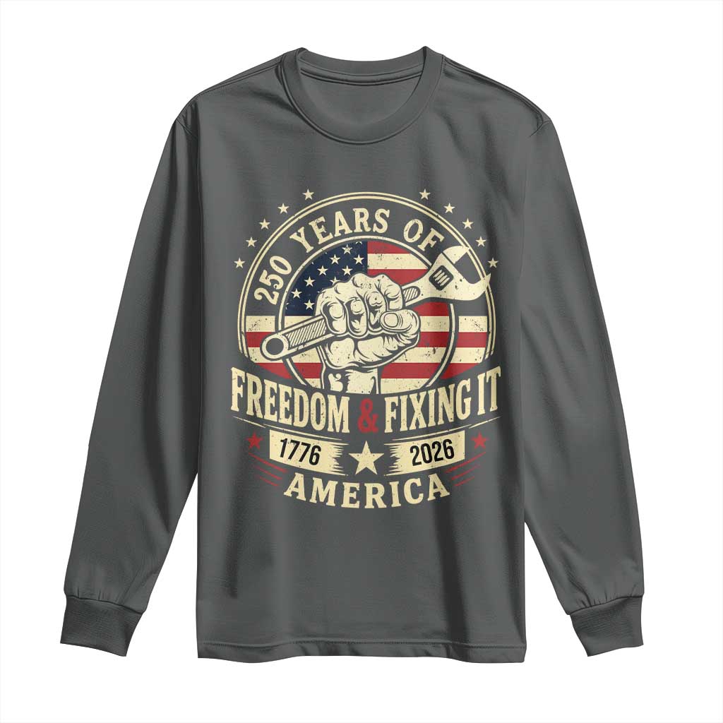 USA 250th Anniversary Patriotic Mechanic Long Sleeve Shirt Freedom And Fixing It TS12 Dark Heather Print Your Wear