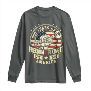 USA 250th Anniversary Patriotic Mechanic Long Sleeve Shirt Freedom And Fixing It TS12 Dark Heather Print Your Wear