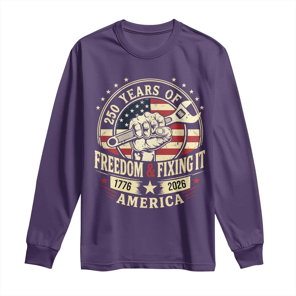 USA 250th Anniversary Patriotic Mechanic Long Sleeve Shirt Freedom And Fixing It TS12 Purple Print Your Wear