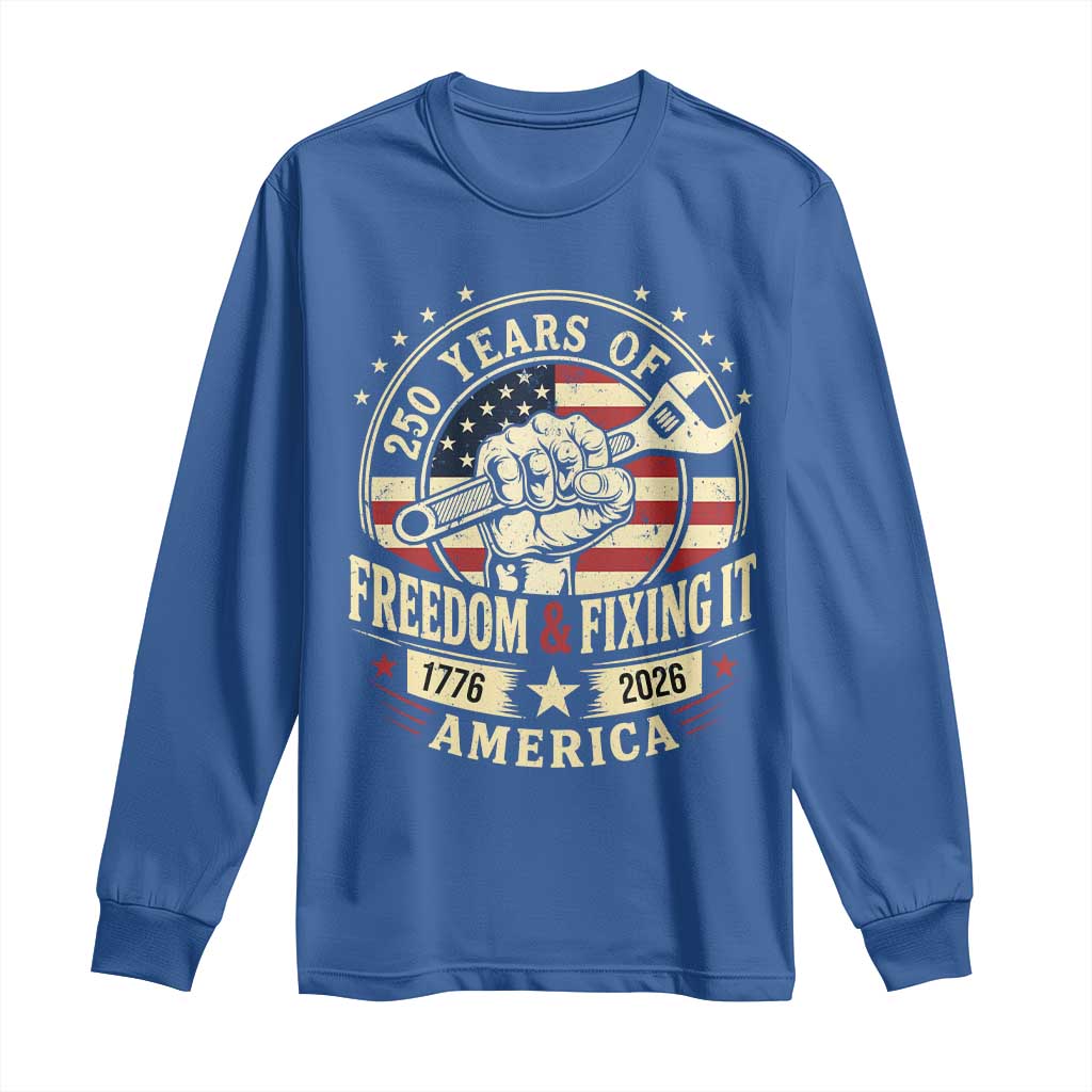 USA 250th Anniversary Patriotic Mechanic Long Sleeve Shirt Freedom And Fixing It TS12 Royal Blue Print Your Wear