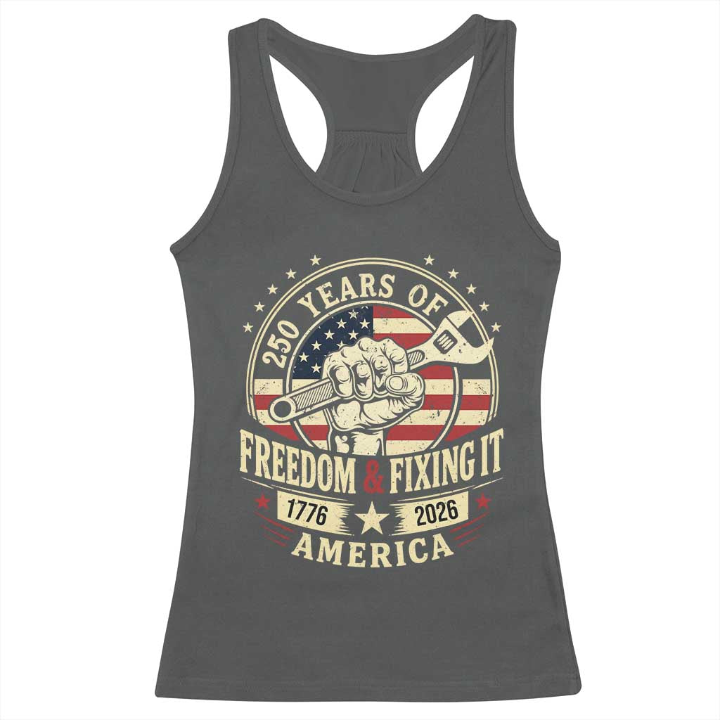 USA 250th Anniversary Patriotic Mechanic Racerback Tank Top Freedom And Fixing It TS12 Dark Heather Print Your Wear