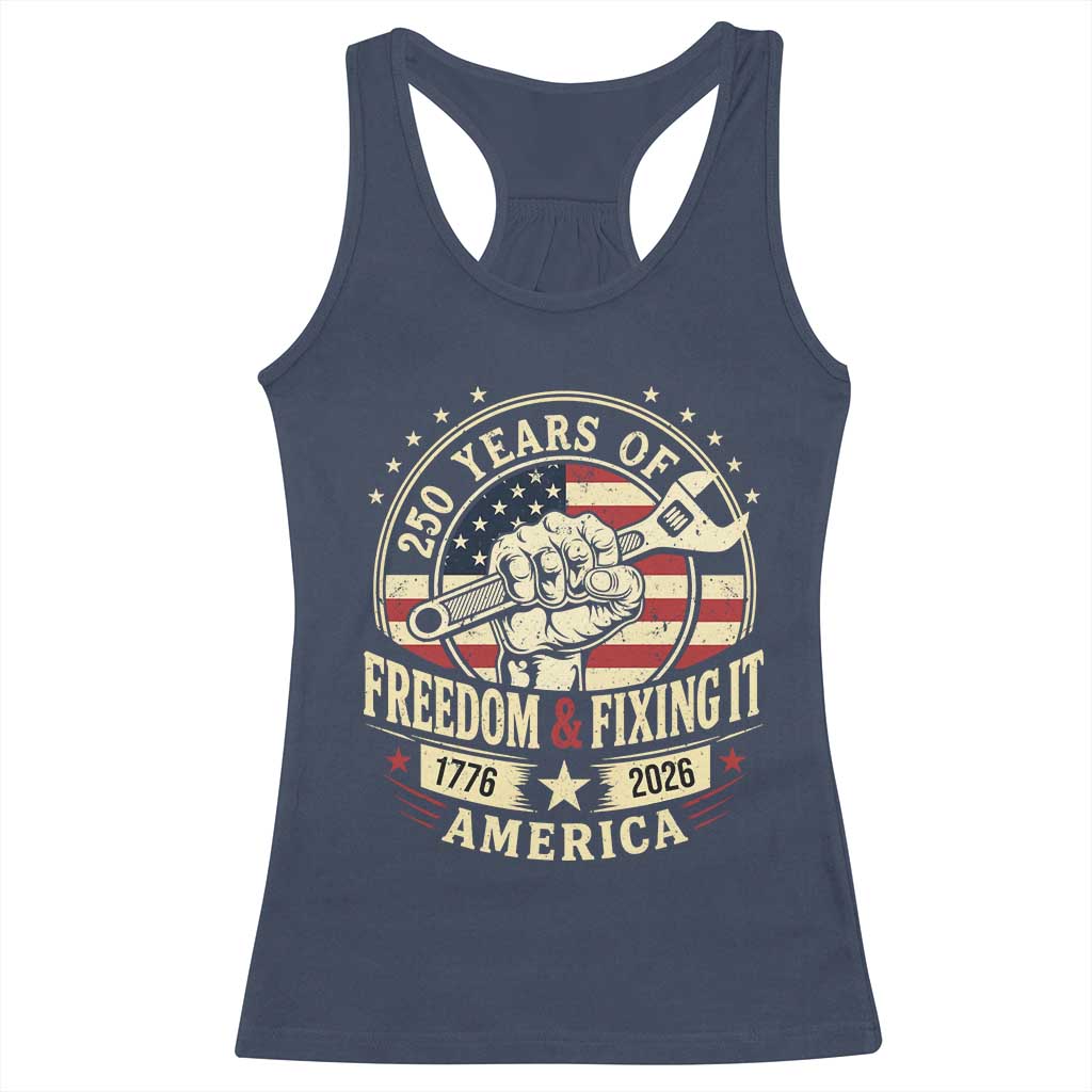 USA 250th Anniversary Patriotic Mechanic Racerback Tank Top Freedom And Fixing It TS12 Navy Print Your Wear