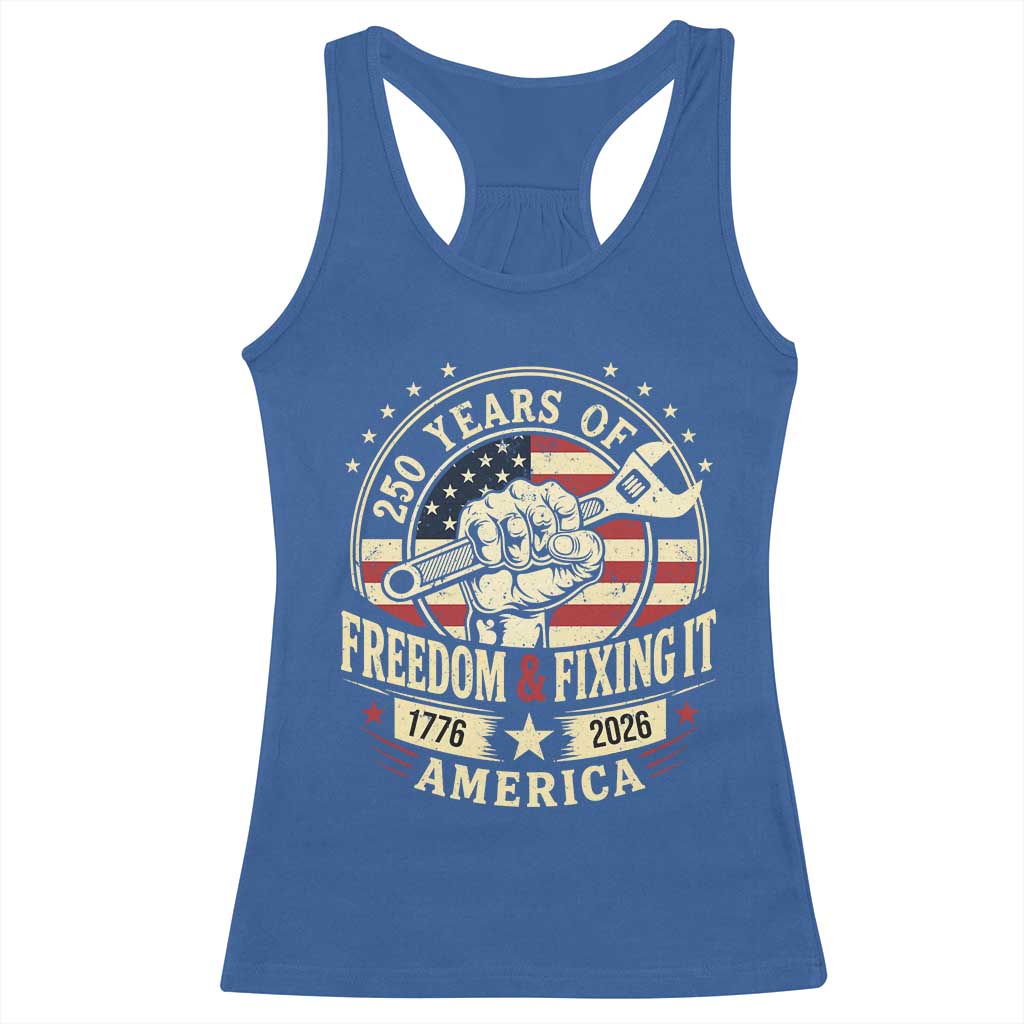 USA 250th Anniversary Patriotic Mechanic Racerback Tank Top Freedom And Fixing It TS12 Royal Blue Print Your Wear