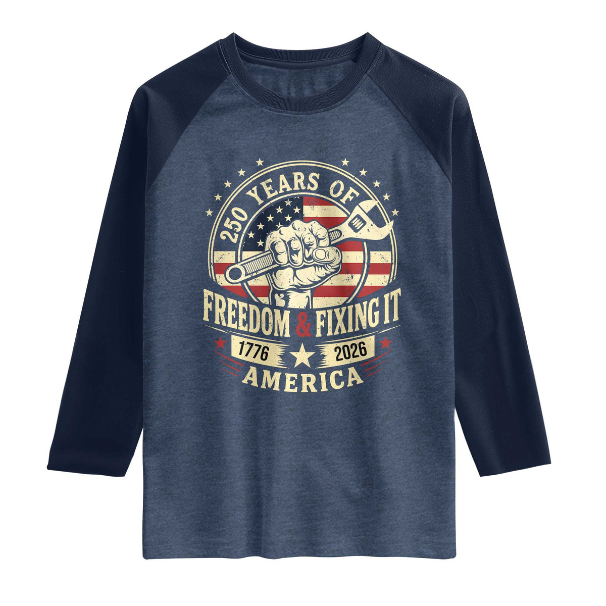 USA 250th Anniversary Patriotic Mechanic Raglan Shirt Freedom And Fixing It TS12 Heather Denim Navy Print Your Wear