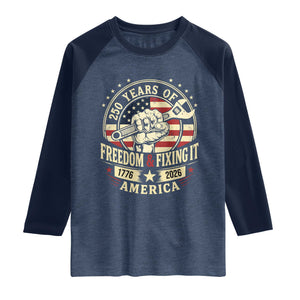 USA 250th Anniversary Patriotic Mechanic Raglan Shirt Freedom And Fixing It TS12 Heather Denim Navy Print Your Wear