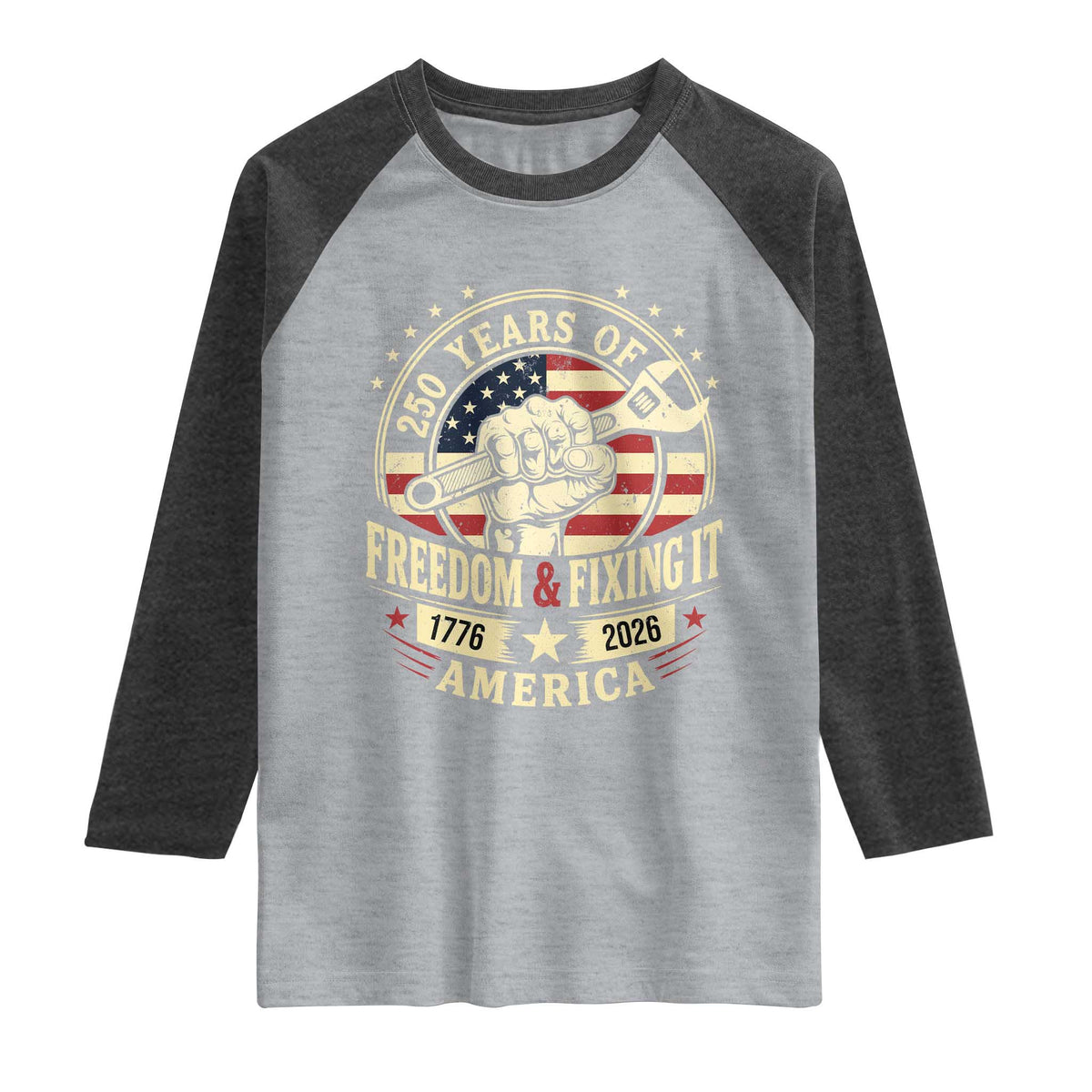 USA 250th Anniversary Patriotic Mechanic Raglan Shirt Freedom And Fixing It TS12 Heather Gray Heather Charcoal Print Your Wear