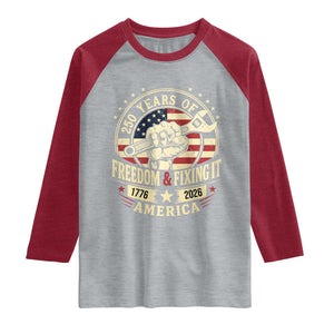USA 250th Anniversary Patriotic Mechanic Raglan Shirt Freedom And Fixing It TS12 Heather Gray Heather Red Print Your Wear