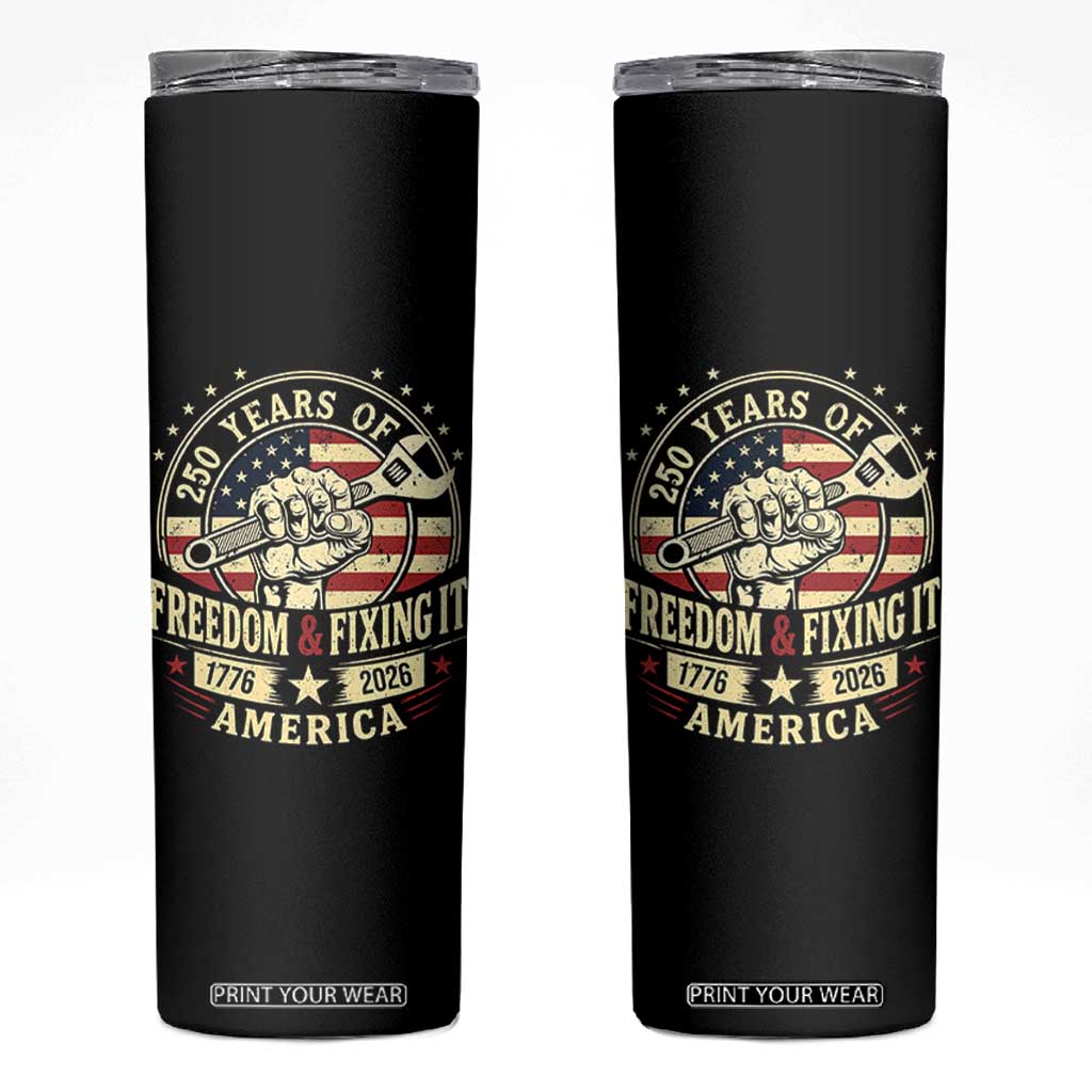USA 250th Anniversary Patriotic Mechanic Skinny Tumbler Freedom And Fixing It TS12 Black Print Your Wear