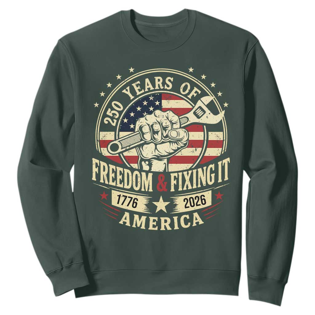 USA 250th Anniversary Patriotic Mechanic Sweatshirt Freedom And Fixing It TS12 Dark Forest Green Print Your Wear