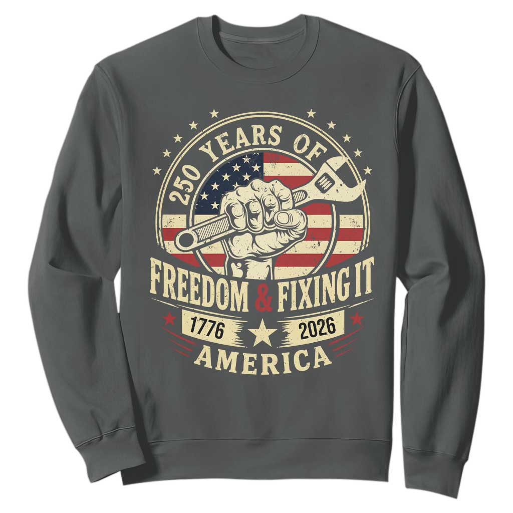 USA 250th Anniversary Patriotic Mechanic Sweatshirt Freedom And Fixing It TS12 Dark Heather Print Your Wear