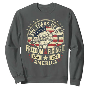 USA 250th Anniversary Patriotic Mechanic Sweatshirt Freedom And Fixing It TS12 Dark Heather Print Your Wear