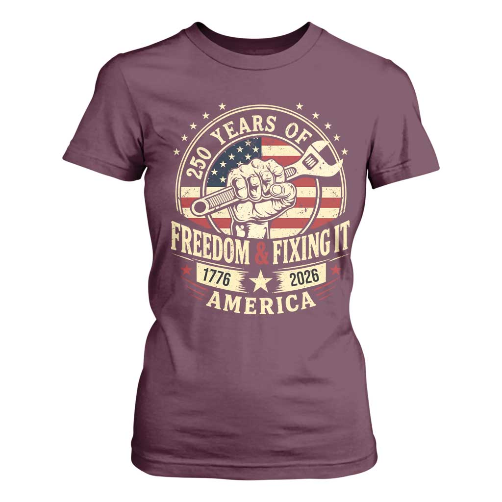 USA 250th Anniversary Patriotic Mechanic T Shirt For Women Freedom And Fixing It TS12 Maroon Print Your Wear