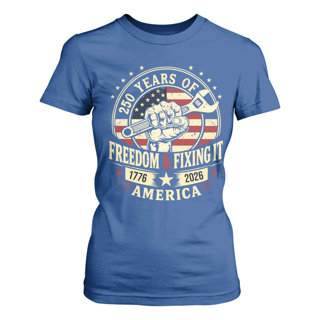 USA 250th Anniversary Patriotic Mechanic T Shirt For Women Freedom And Fixing It TS12 Royal Blue Print Your Wear