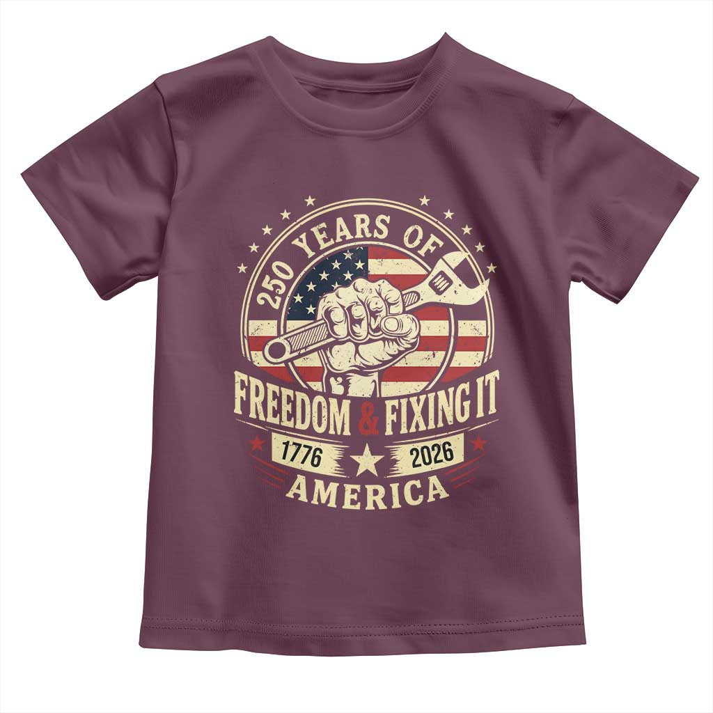 USA 250th Anniversary Patriotic Mechanic Toddler T Shirt Freedom And Fixing It TS12 Maroon Print Your Wear