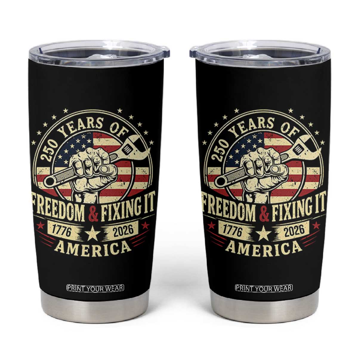 USA 250th Anniversary Patriotic Mechanic Tumbler Cup Freedom And Fixing It TS12 Black Print Your Wear