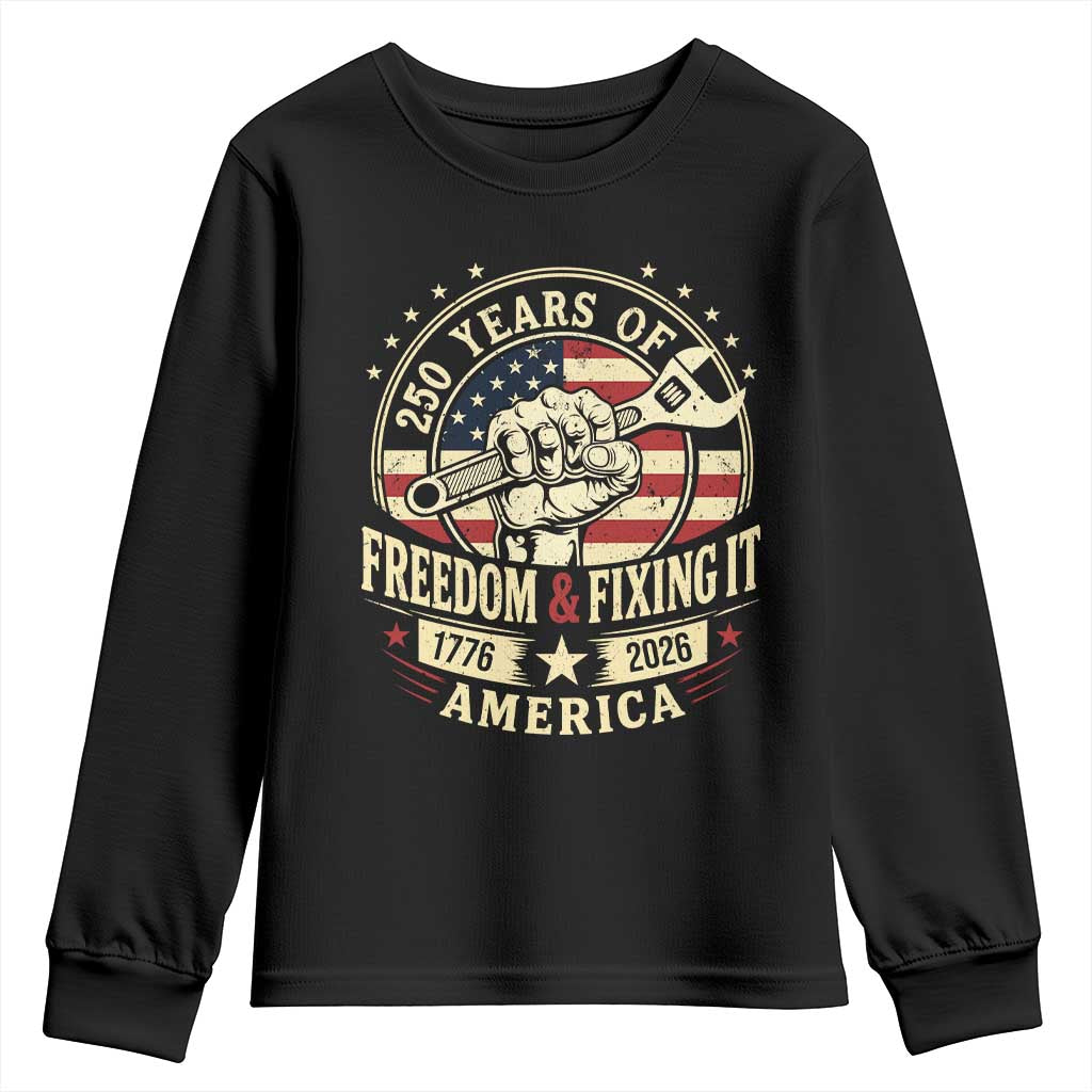 USA 250th Anniversary Patriotic Mechanic Youth Sweatshirt Freedom And Fixing It TS12 Black Print Your Wear