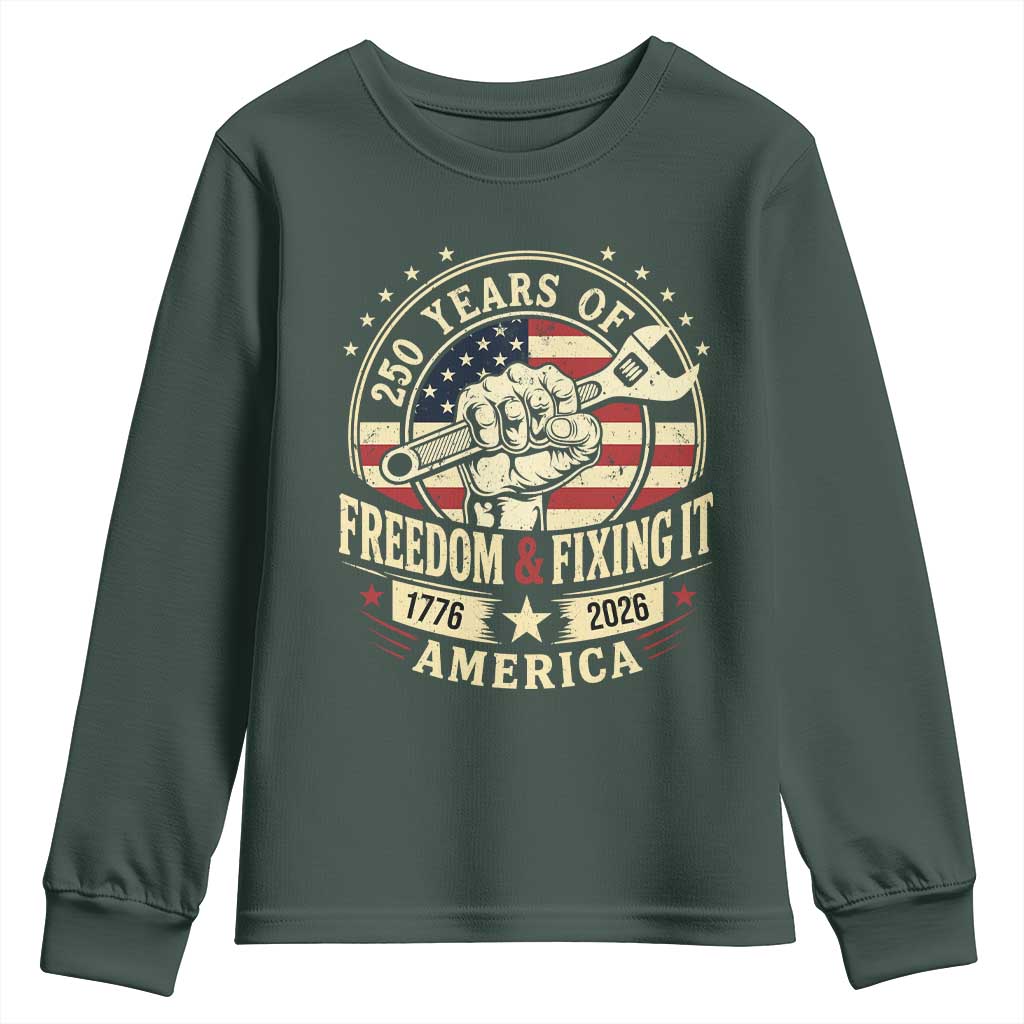 USA 250th Anniversary Patriotic Mechanic Youth Sweatshirt Freedom And Fixing It TS12 Dark Forest Green Print Your Wear