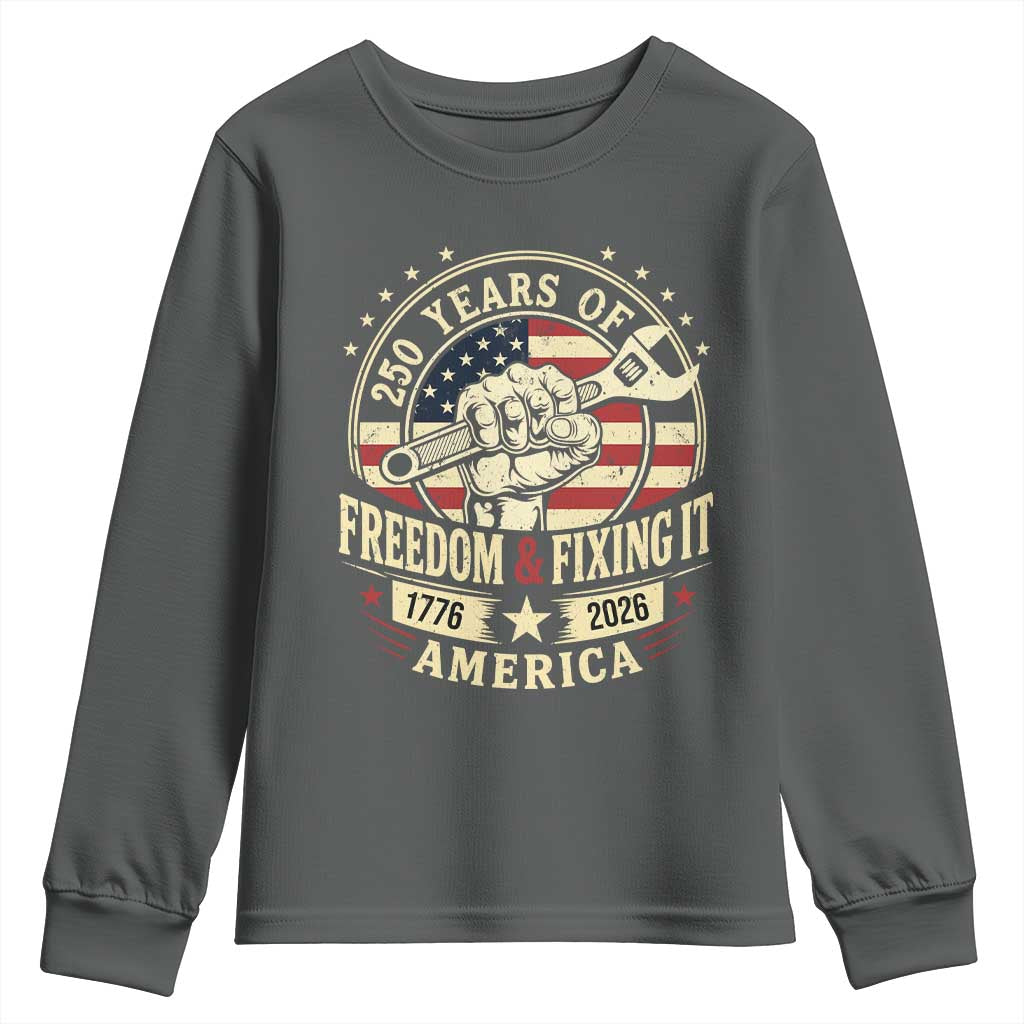 USA 250th Anniversary Patriotic Mechanic Youth Sweatshirt Freedom And Fixing It TS12 Dark Heather Print Your Wear