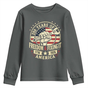 USA 250th Anniversary Patriotic Mechanic Youth Sweatshirt Freedom And Fixing It TS12 Dark Heather Print Your Wear
