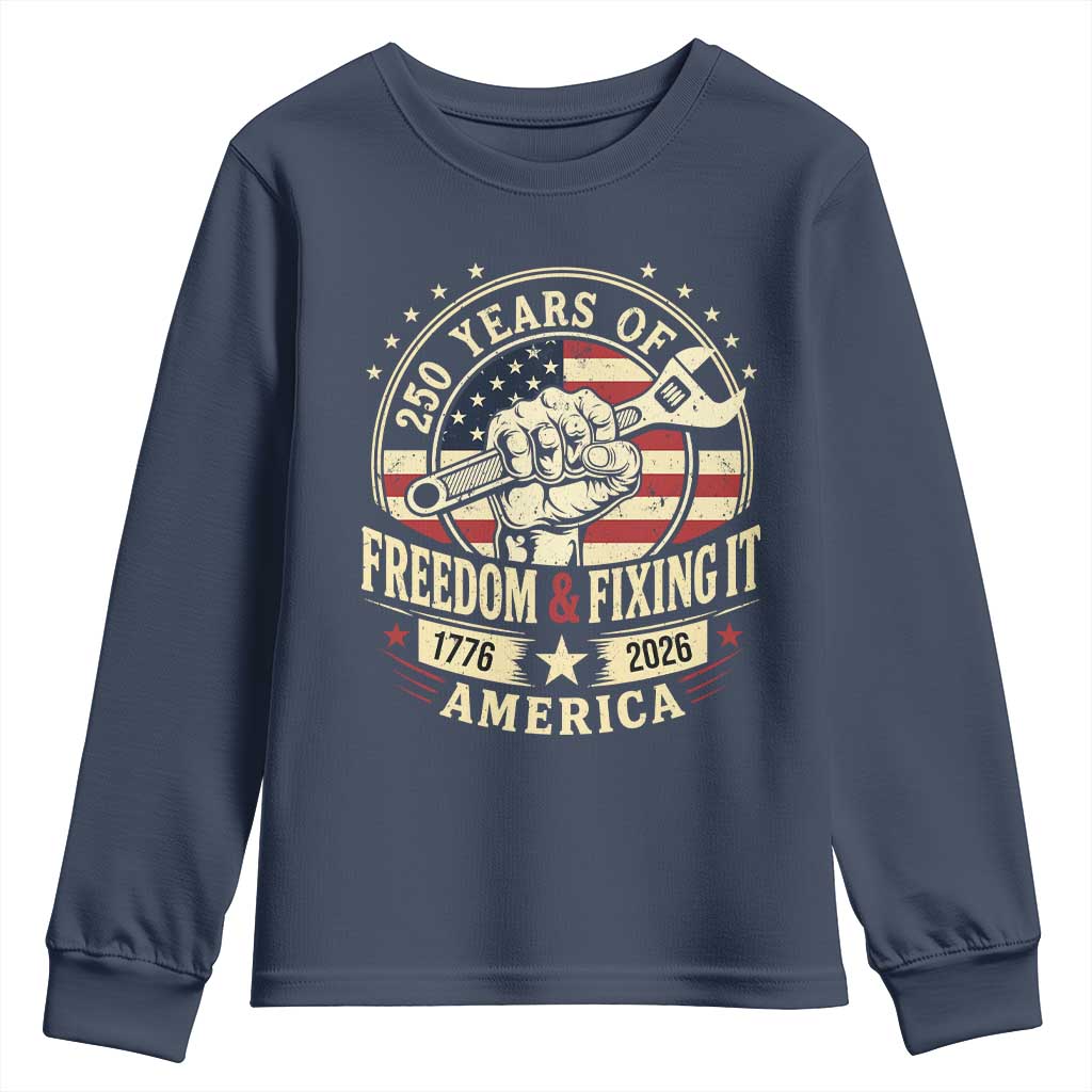 USA 250th Anniversary Patriotic Mechanic Youth Sweatshirt Freedom And Fixing It TS12 Navy Print Your Wear