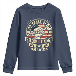 USA 250th Anniversary Patriotic Mechanic Youth Sweatshirt Freedom And Fixing It TS12 Navy Print Your Wear