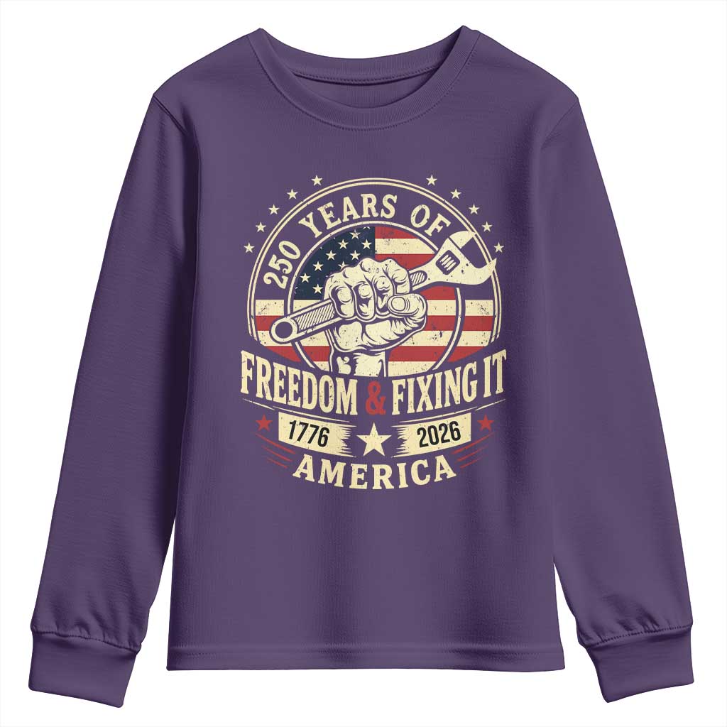 USA 250th Anniversary Patriotic Mechanic Youth Sweatshirt Freedom And Fixing It TS12 Purple Print Your Wear