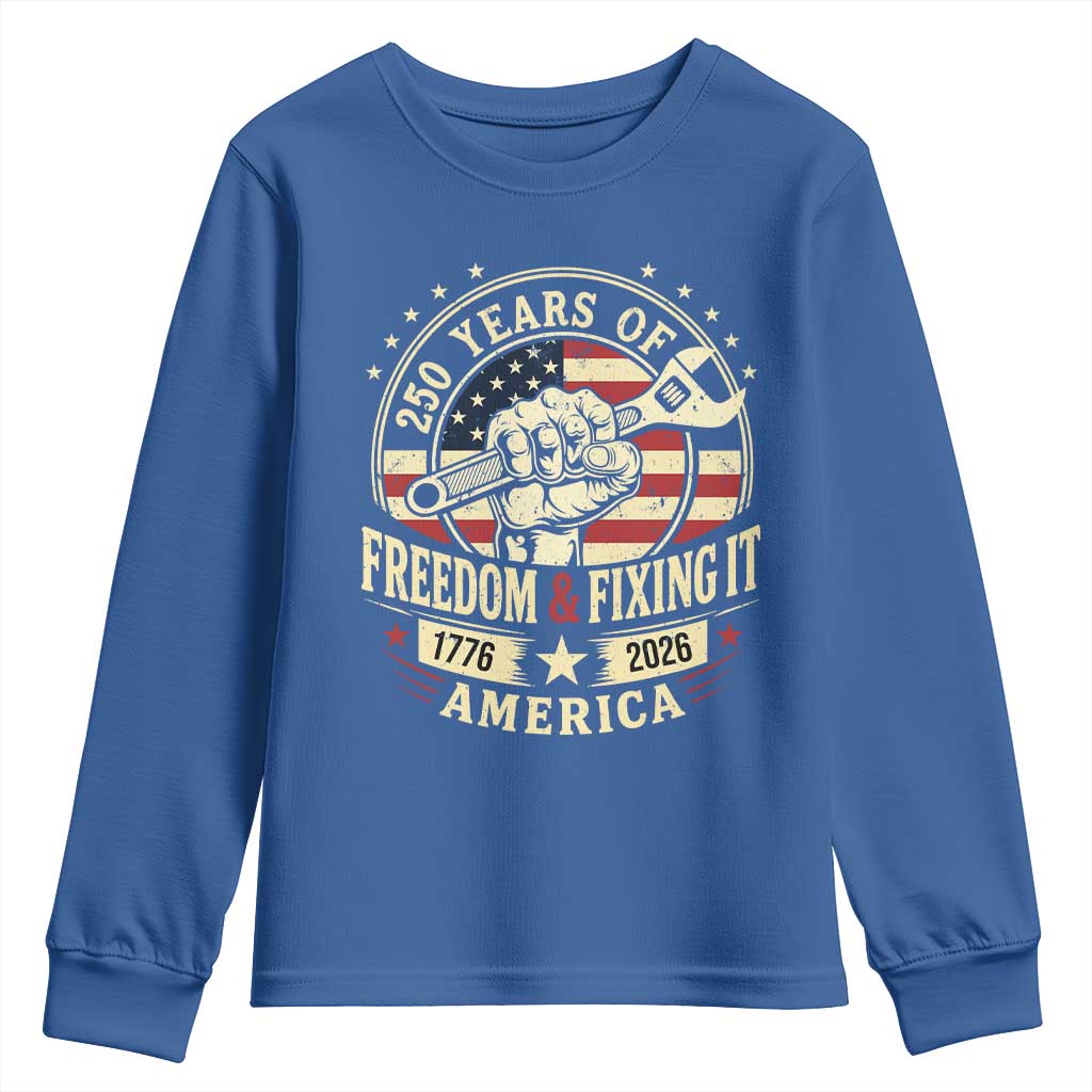 USA 250th Anniversary Patriotic Mechanic Youth Sweatshirt Freedom And Fixing It TS12 Royal Blue Print Your Wear