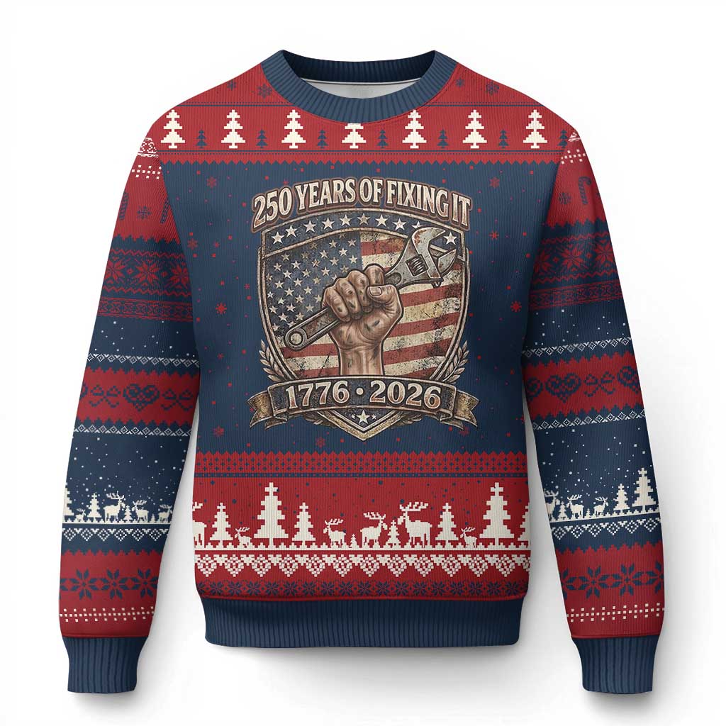 250 Years Of Fixing It Ugly Christmas Sweater America 250th Anniversary Mechanic TS12 Navy Red Print Your Wear