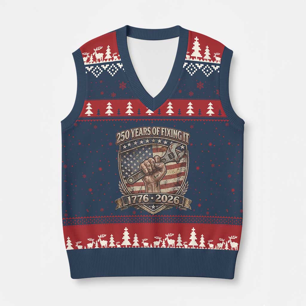 250 Years Of Fixing It V-Neck Knit Sweater Vest America 250th Anniversary Mechanic TS12 Navy Red Print Your Wear
