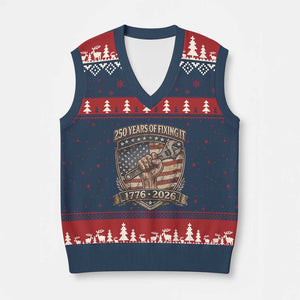 250 Years Of Fixing It V-Neck Knit Sweater Vest America 250th Anniversary Mechanic TS12 Navy Red Print Your Wear