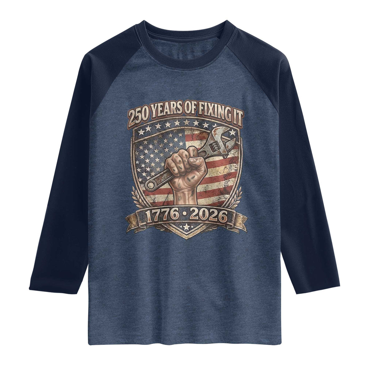 250 Years Of Fixing It Raglan Shirt America 250th Anniversary Mechanic TS12 Heather Denim Navy Print Your Wear