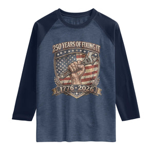 250 Years Of Fixing It Raglan Shirt America 250th Anniversary Mechanic TS12 Heather Denim Navy Print Your Wear