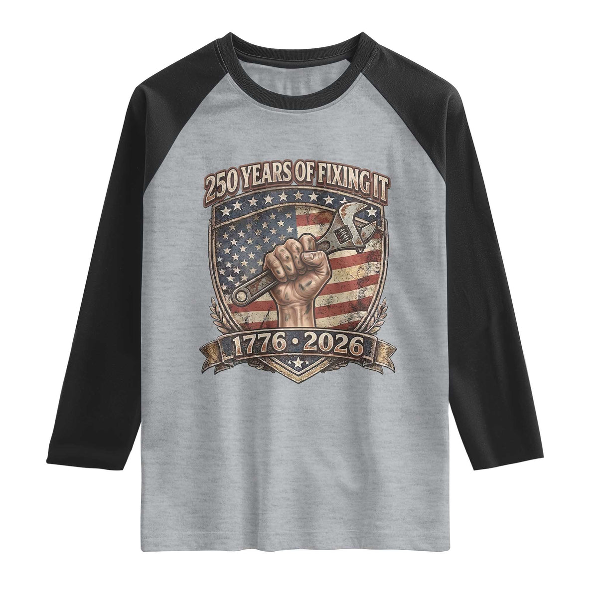 250 Years Of Fixing It Raglan Shirt America 250th Anniversary Mechanic TS12 Heather Gray Black Print Your Wear