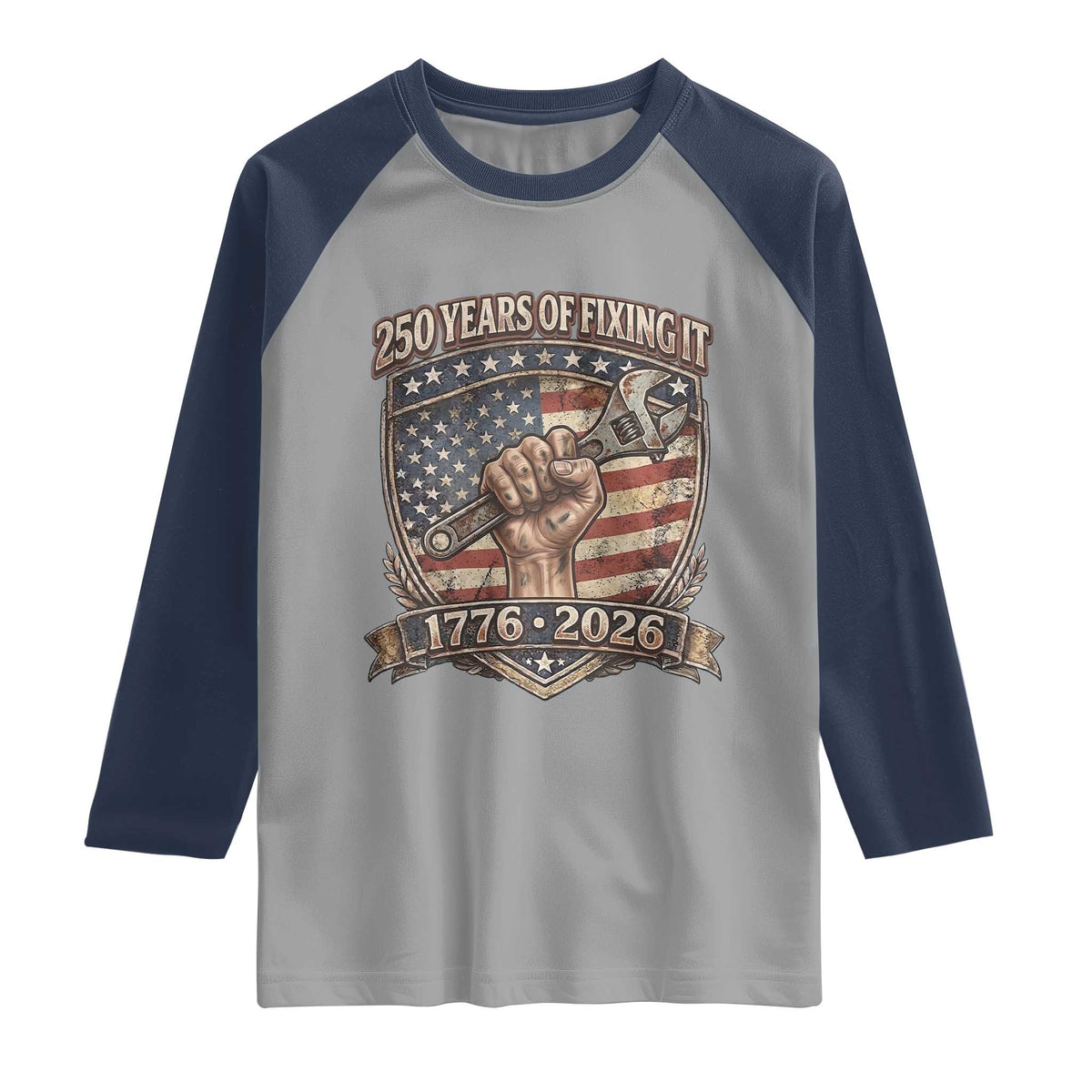 250 Years Of Fixing It Raglan Shirt America 250th Anniversary Mechanic TS12 Sport Gray Navy Print Your Wear