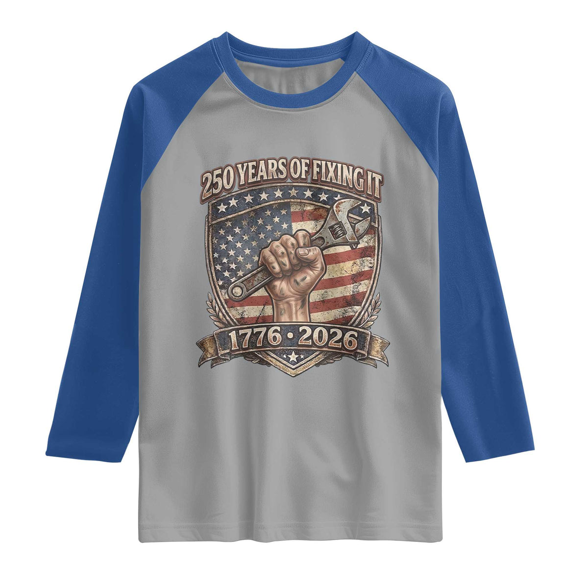 250 Years Of Fixing It Raglan Shirt America 250th Anniversary Mechanic TS12 Sport Gray Royal Print Your Wear