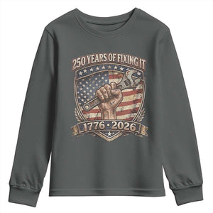 250 Years Of Fixing It Youth Sweatshirt America 250th Anniversary Mechanic TS12 Dark Heather Print Your Wear