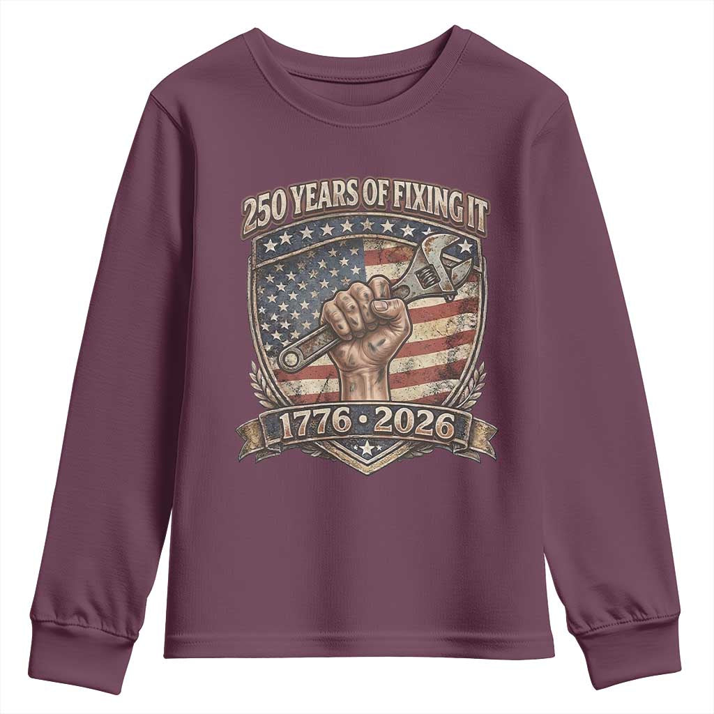 250 Years Of Fixing It Youth Sweatshirt America 250th Anniversary Mechanic TS12 Maroon Print Your Wear