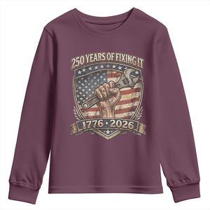 250 Years Of Fixing It Youth Sweatshirt America 250th Anniversary Mechanic TS12 Maroon Print Your Wear