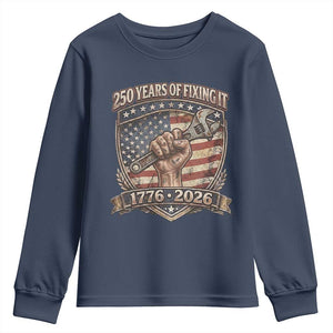 250 Years Of Fixing It Youth Sweatshirt America 250th Anniversary Mechanic TS12 Navy Print Your Wear