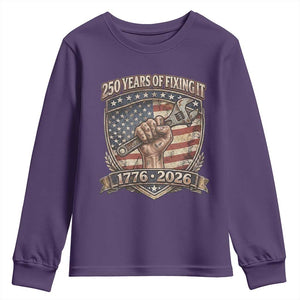 250 Years Of Fixing It Youth Sweatshirt America 250th Anniversary Mechanic TS12 Purple Print Your Wear
