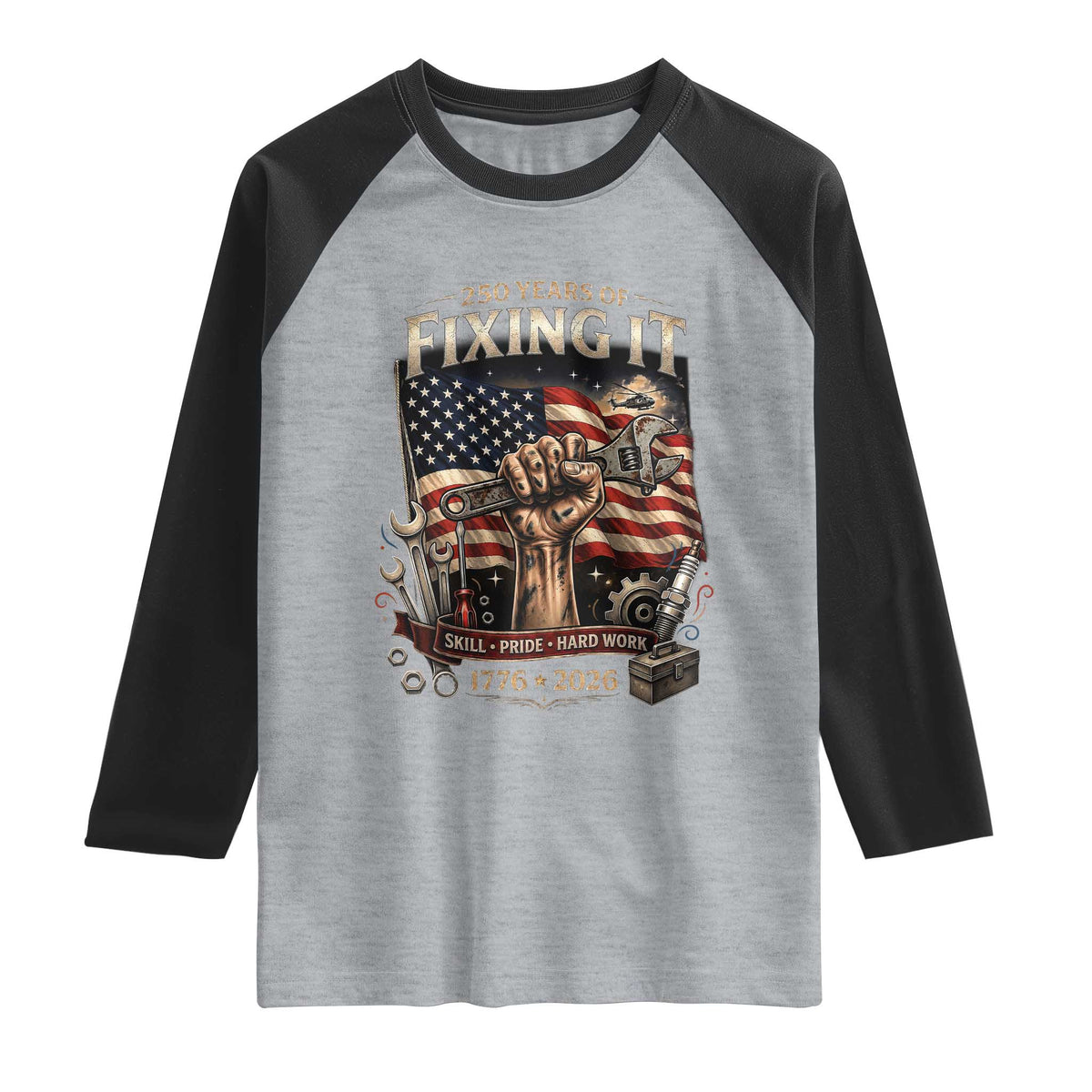 250 Years Of Fixing It Mechanic Pride Raglan Shirt America 250 Anniversary Gift TS12 Heather Gray Black Print Your Wear
