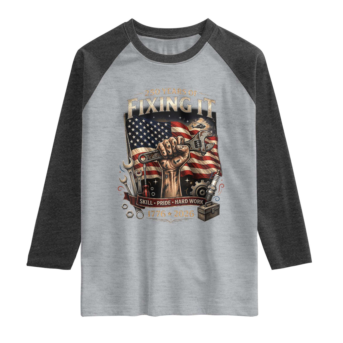 250 Years Of Fixing It Mechanic Pride Raglan Shirt America 250 Anniversary Gift TS12 Heather Gray Heather Charcoal Print Your Wear