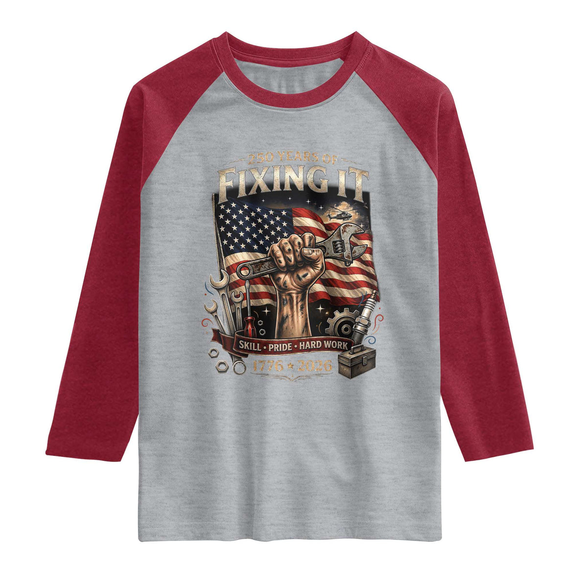 250 Years Of Fixing It Mechanic Pride Raglan Shirt America 250 Anniversary Gift TS12 Heather Gray Heather Red Print Your Wear