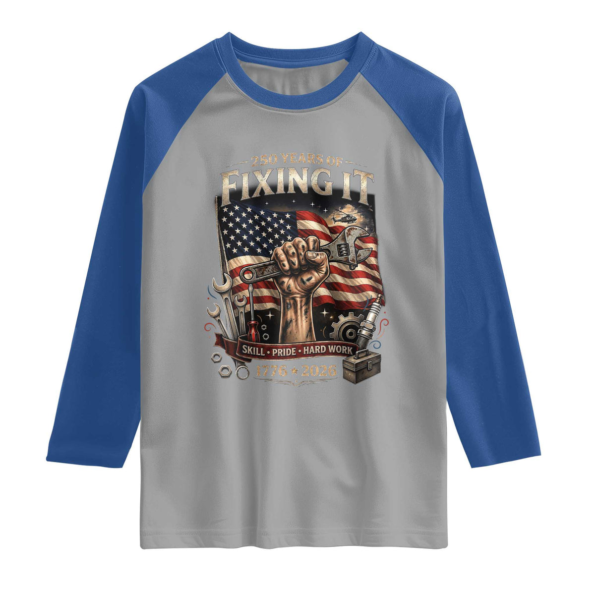 250 Years Of Fixing It Mechanic Pride Raglan Shirt America 250 Anniversary Gift TS12 Sport Gray Royal Print Your Wear