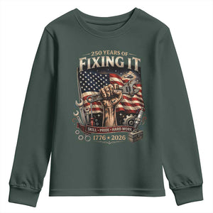 250 Years Of Fixing It Mechanic Pride Youth Sweatshirt America 250 Anniversary Gift TS12 Dark Forest Green Print Your Wear