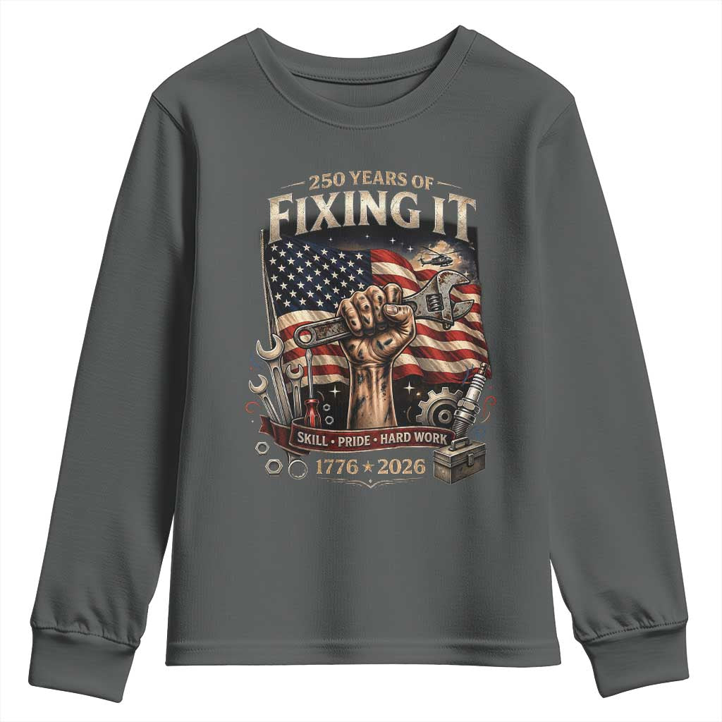 250 Years Of Fixing It Mechanic Pride Youth Sweatshirt America 250 Anniversary Gift TS12 Dark Heather Print Your Wear