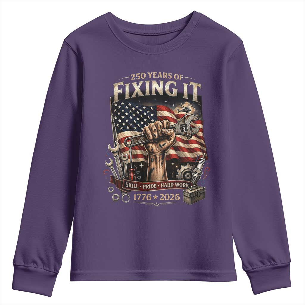 250 Years Of Fixing It Mechanic Pride Youth Sweatshirt America 250 Anniversary Gift TS12 Purple Print Your Wear